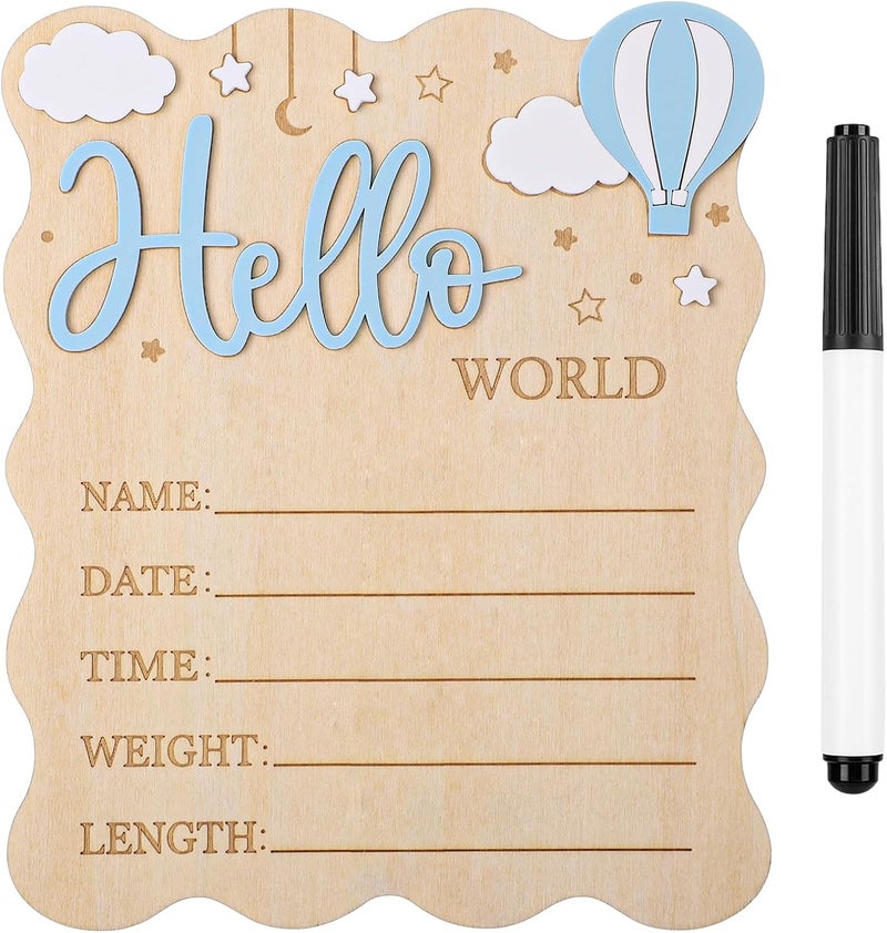 WSICSE Baby Announcement Sign,Wooden Hello World Newborn Signs Birth Announcement Sign and Pen for Baby Shower Hospital Nursery Newborn Boys and Girls (Blue) - Image 1